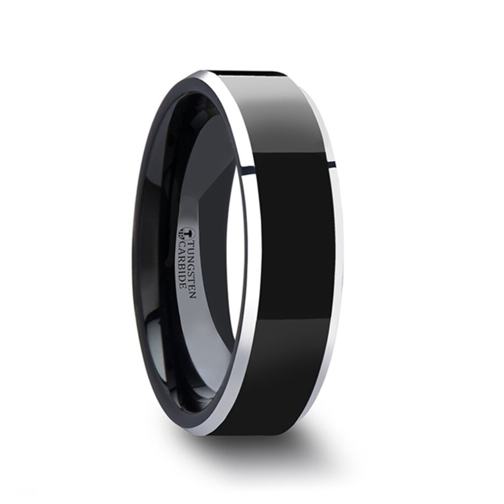 Black Polish Finished Center Tungsten Carbide Metallic Beveled Edges  6mm Sz 11